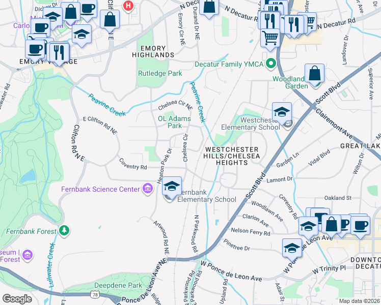 map of restaurants, bars, coffee shops, grocery stores, and more near 238 Chelsea Circle in Decatur