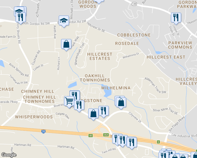 map of restaurants, bars, coffee shops, grocery stores, and more near 7064 Oakhill Circle in Austell