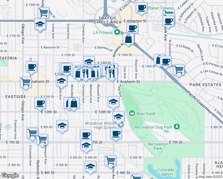 map of restaurants, bars, coffee shops, grocery stores, and more near 1201 Ximeno Avenue in Long Beach