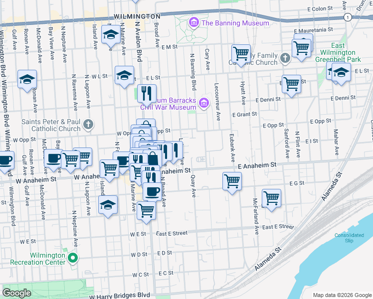 map of restaurants, bars, coffee shops, grocery stores, and more near 917 North Banning Boulevard in Los Angeles