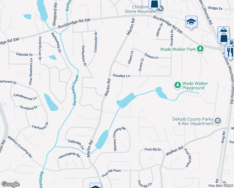 map of restaurants, bars, coffee shops, grocery stores, and more near 553 Waterview Lane in Stone Mountain