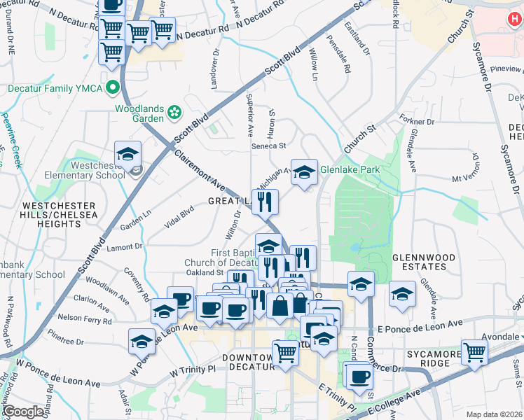 map of restaurants, bars, coffee shops, grocery stores, and more near 519 Clairemont Avenue in Decatur