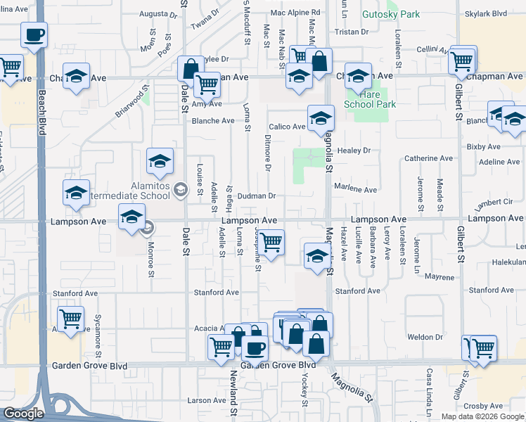 map of restaurants, bars, coffee shops, grocery stores, and more near 12461 La Linda Circle in Garden Grove