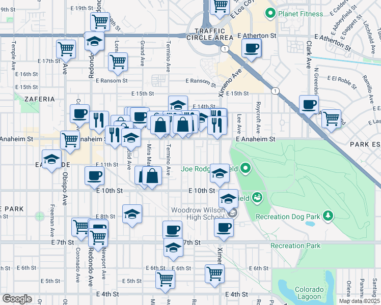 map of restaurants, bars, coffee shops, grocery stores, and more near 1145 Roswell Avenue in Long Beach