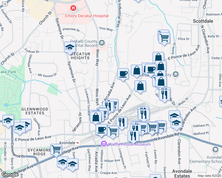 map of restaurants, bars, coffee shops, grocery stores, and more near 250 North Arcadia Avenue in Decatur