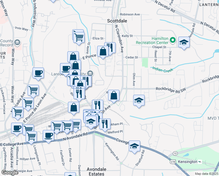map of restaurants, bars, coffee shops, grocery stores, and more near 3065 Pine Street in Decatur
