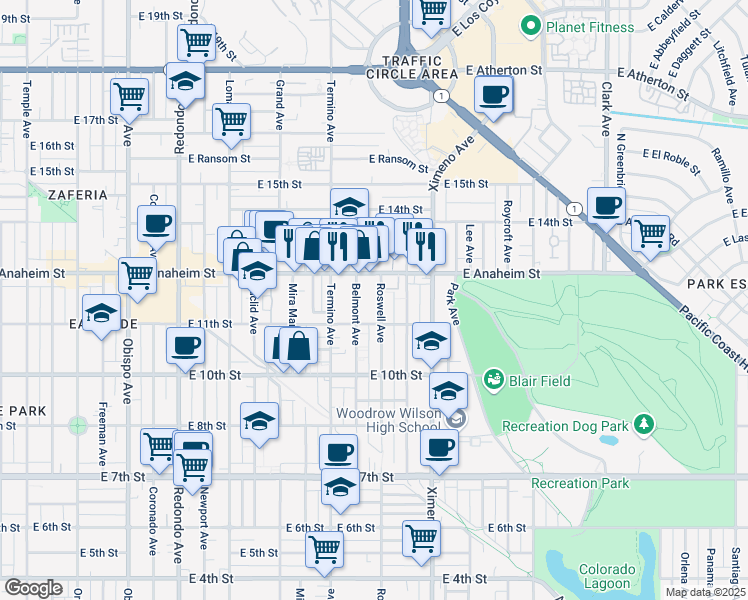 map of restaurants, bars, coffee shops, grocery stores, and more near 1145 Roswell Avenue in Long Beach