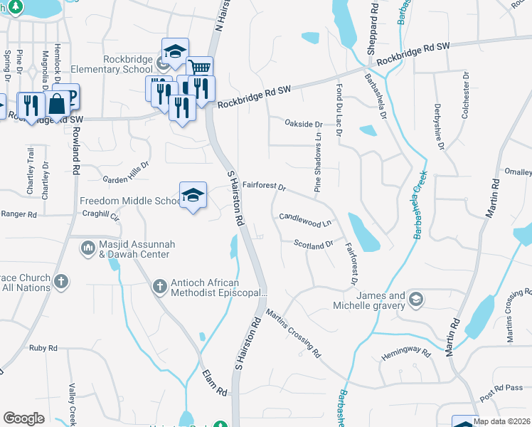 map of restaurants, bars, coffee shops, grocery stores, and more near 561 Candlewood Drive in Stone Mountain