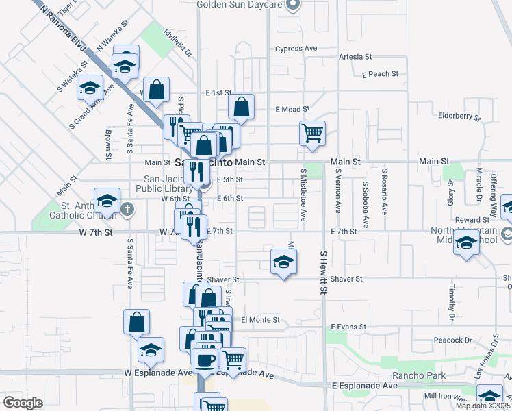map of restaurants, bars, coffee shops, grocery stores, and more near 350 East 6th Street in San Jacinto