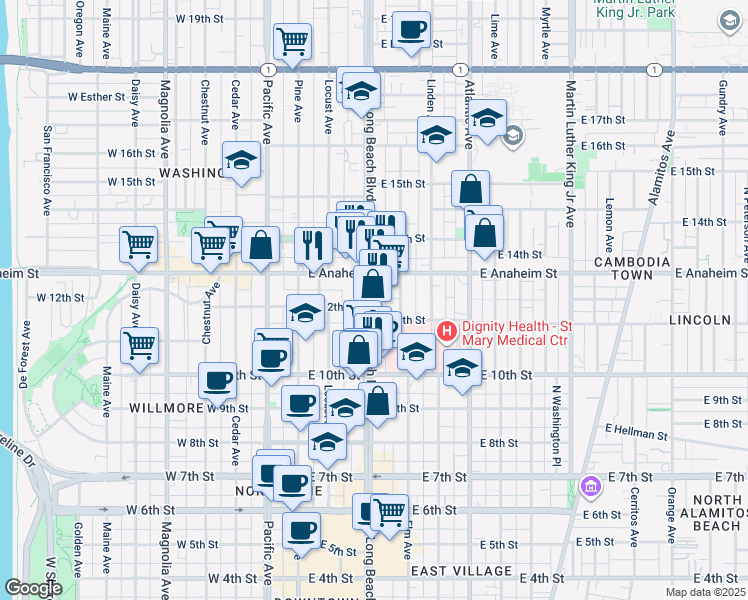 map of restaurants, bars, coffee shops, grocery stores, and more near 1218 Long Beach Boulevard in Long Beach