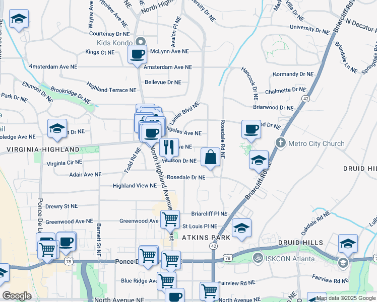 map of restaurants, bars, coffee shops, grocery stores, and more near 1105 Virginia Avenue Northeast in Atlanta