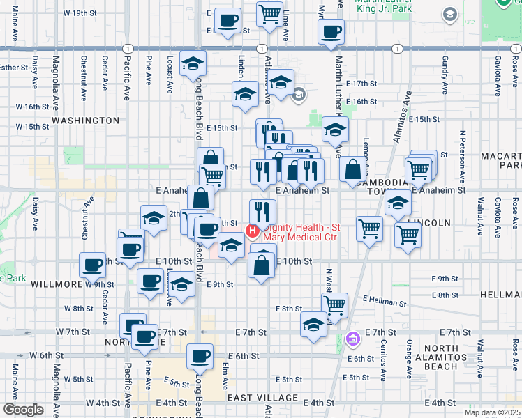 map of restaurants, bars, coffee shops, grocery stores, and more near 1133 Atlantic Avenue in Long Beach