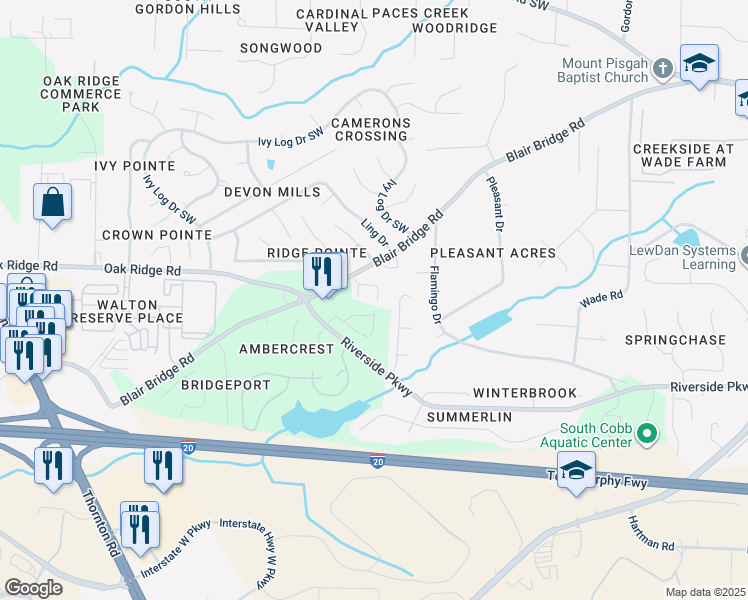 map of restaurants, bars, coffee shops, grocery stores, and more near 7090 Blairs View Drive in Austell