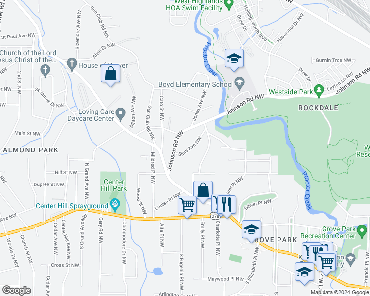 map of restaurants, bars, coffee shops, grocery stores, and more near 978 Sims Avenue Northwest in Atlanta