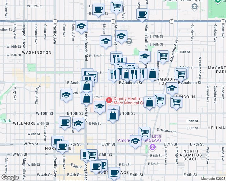 map of restaurants, bars, coffee shops, grocery stores, and more near 1133 Atlantic Avenue in Long Beach