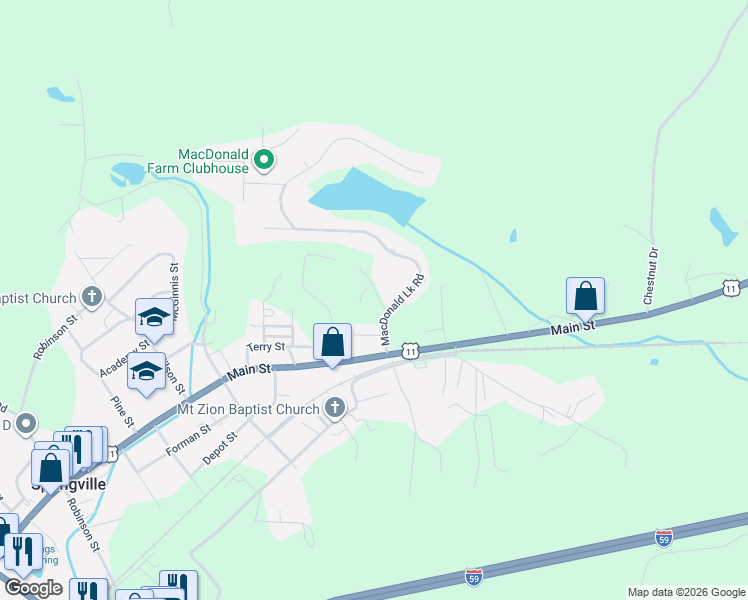 map of restaurants, bars, coffee shops, grocery stores, and more near 157 Macdonald Lake Road in Springville