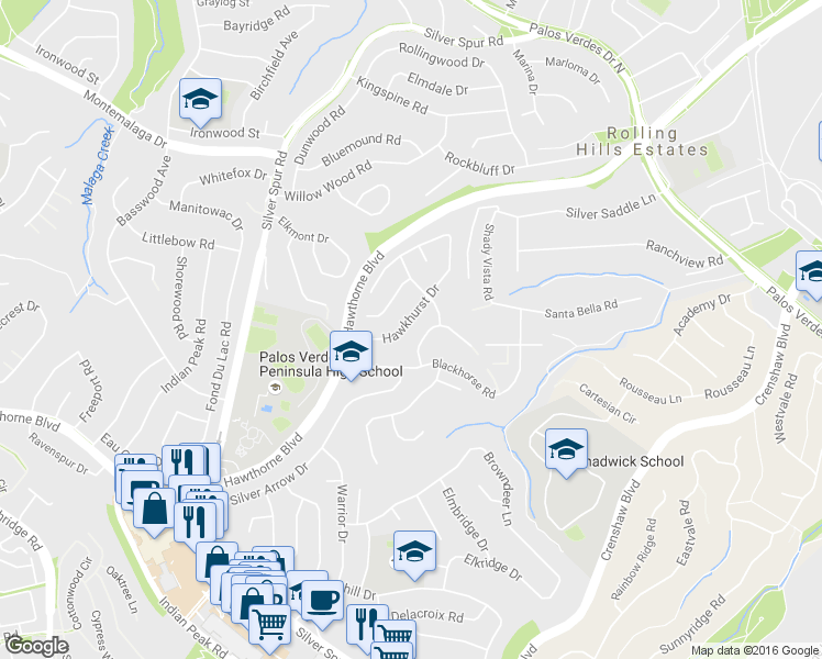 map of restaurants, bars, coffee shops, grocery stores, and more near 26704 Hawkhurst Drive in Rancho Palos Verdes