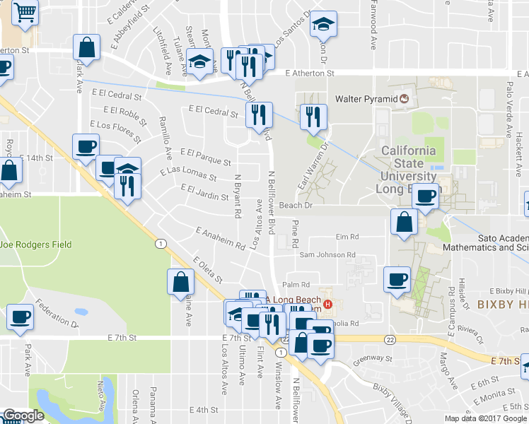 map of restaurants, bars, coffee shops, grocery stores, and more near 1210 Los Altos Avenue in Long Beach
