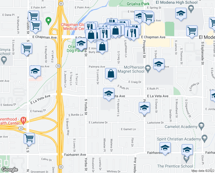 map of restaurants, bars, coffee shops, grocery stores, and more near 427 South Wheeler Place in Orange