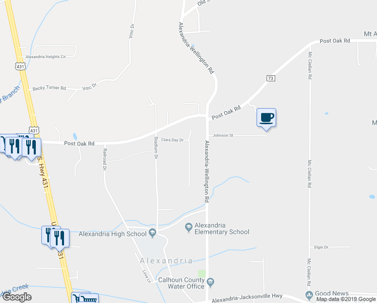 map of restaurants, bars, coffee shops, grocery stores, and more near 214 Clara Day Drive in Alexandria