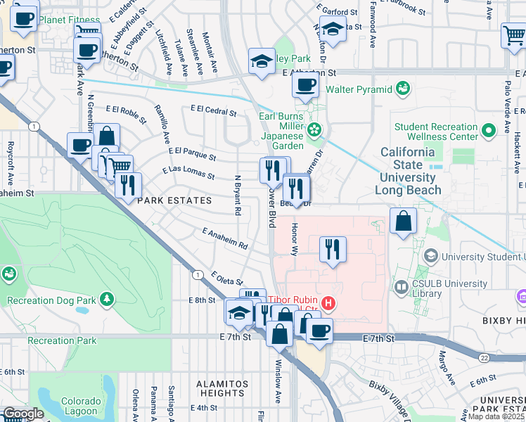 map of restaurants, bars, coffee shops, grocery stores, and more near 1210 Los Altos Avenue in Long Beach
