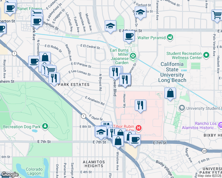 map of restaurants, bars, coffee shops, grocery stores, and more near 1210 Los Altos Avenue in Long Beach