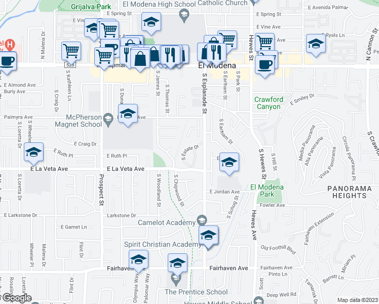 map of restaurants, bars, coffee shops, grocery stores, and more near 435 South Estate Drive in Orange