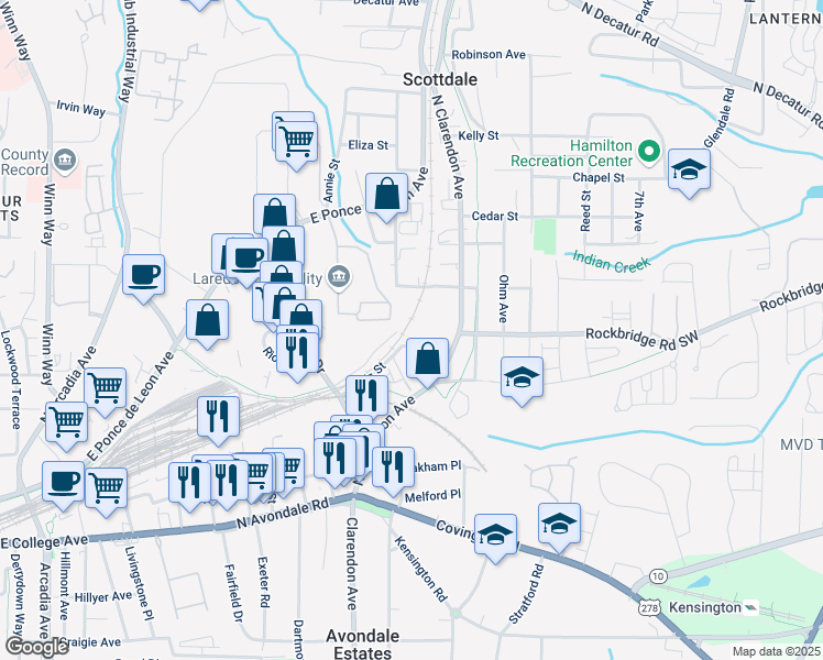 map of restaurants, bars, coffee shops, grocery stores, and more near 3093 Pine Street in Decatur