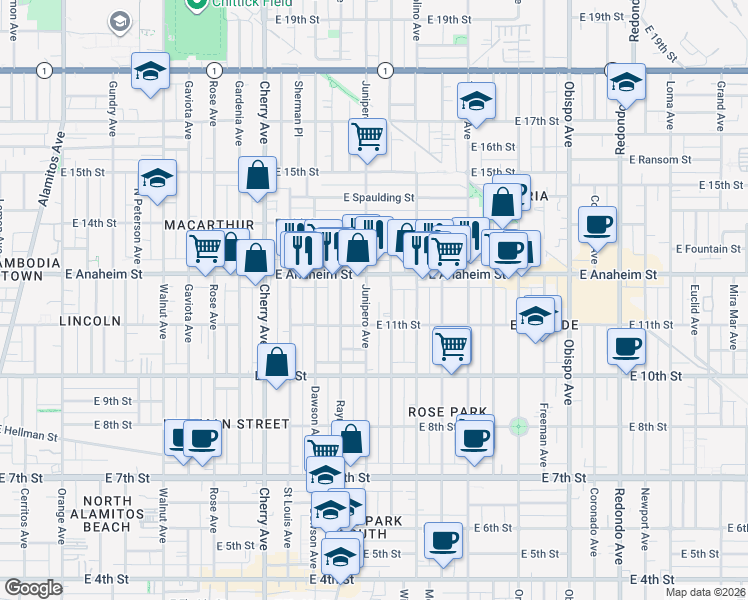 map of restaurants, bars, coffee shops, grocery stores, and more near 1129 Stanley Avenue in Long Beach