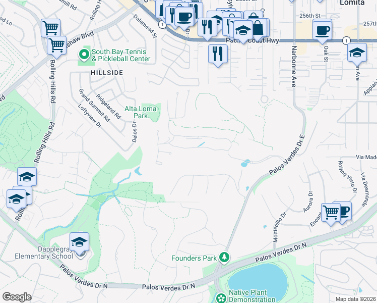 map of restaurants, bars, coffee shops, grocery stores, and more near 28 Phillips Ranch Road in Rolling Hills Estates