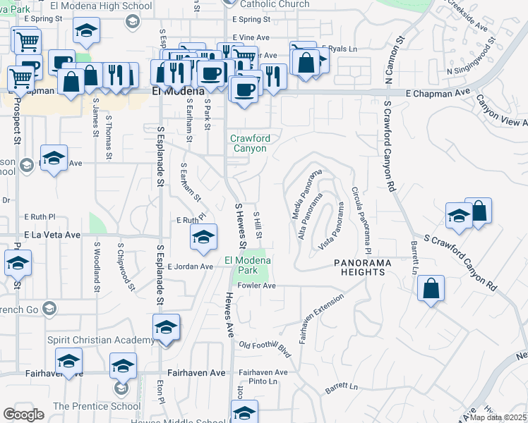 map of restaurants, bars, coffee shops, grocery stores, and more near 429 South Hill Street in Orange