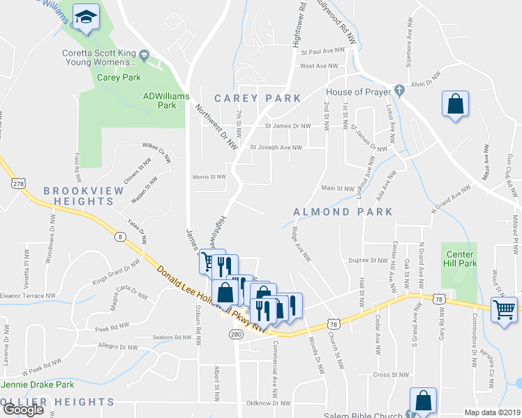 map of restaurants, bars, coffee shops, grocery stores, and more near 2567 Elliott Street Northwest in Atlanta