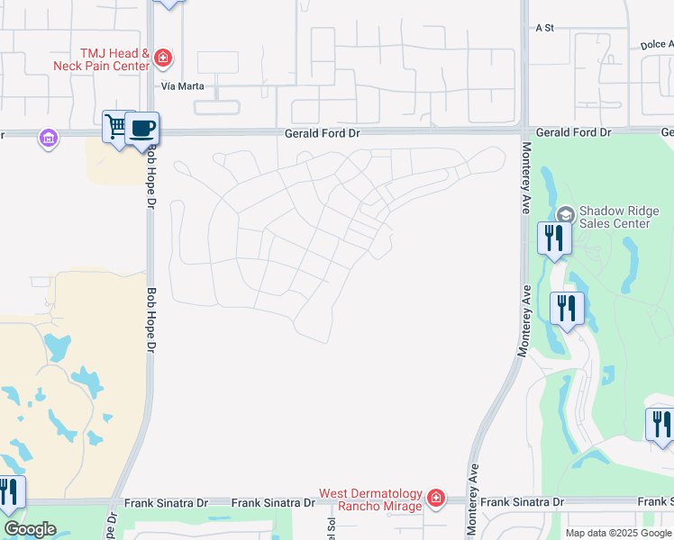 map of restaurants, bars, coffee shops, grocery stores, and more near 4 Scrub Jay Lane in Rancho Mirage
