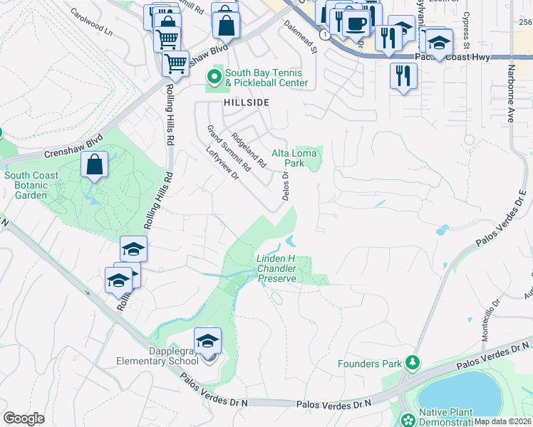map of restaurants, bars, coffee shops, grocery stores, and more near 2414 Loftyview Drive in Torrance