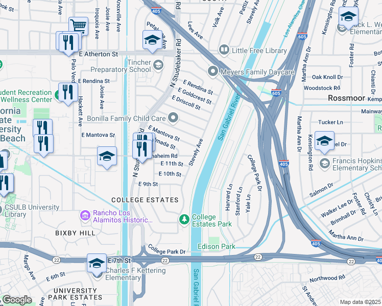 map of restaurants, bars, coffee shops, grocery stores, and more near 6927 East Anaheim Road in Long Beach