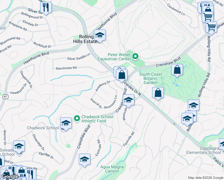 map of restaurants, bars, coffee shops, grocery stores, and more near 4026 Montaigne Way in Rolling Hills Estates