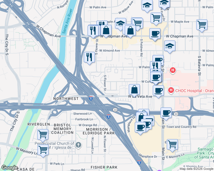 map of restaurants, bars, coffee shops, grocery stores, and more near 435 South Flower Street in Orange