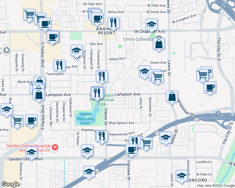 map of restaurants, bars, coffee shops, grocery stores, and more near Rodeo in Garden Grove