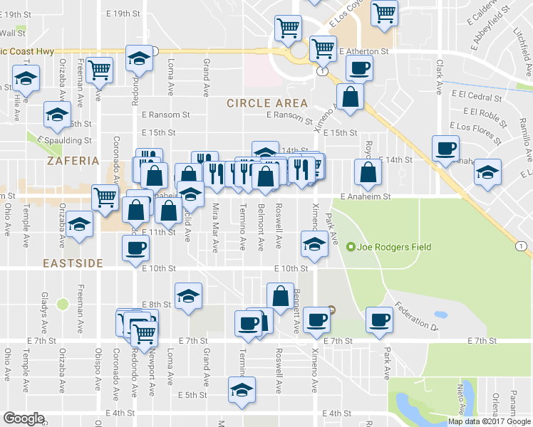 map of restaurants, bars, coffee shops, grocery stores, and more near 1142 Belmont Avenue in Long Beach