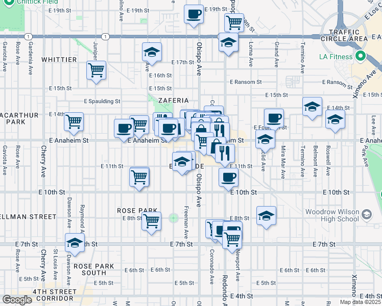 map of restaurants, bars, coffee shops, grocery stores, and more near in Long Beach
