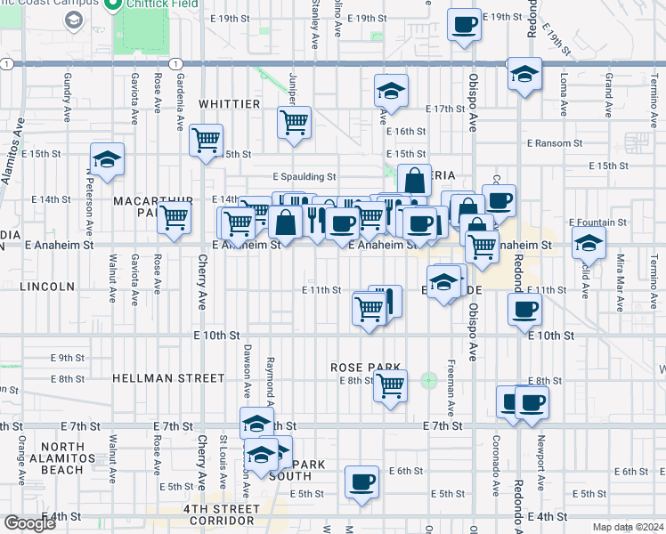 map of restaurants, bars, coffee shops, grocery stores, and more near 1138 Molino Avenue in Long Beach