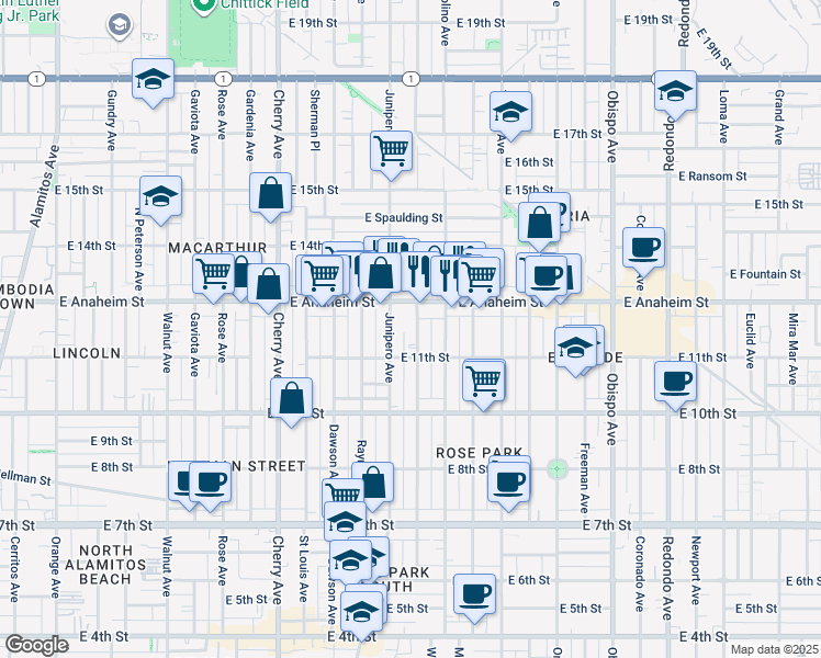 map of restaurants, bars, coffee shops, grocery stores, and more near 1129 Stanley Avenue in Long Beach