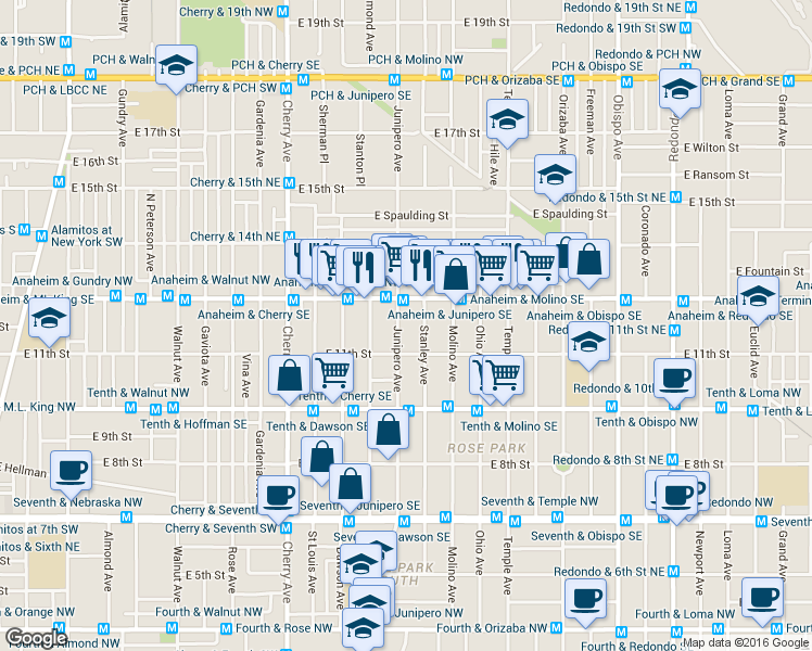map of restaurants, bars, coffee shops, grocery stores, and more near 1129 Stanley Avenue in Long Beach
