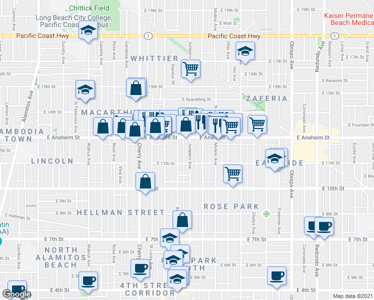 map of restaurants, bars, coffee shops, grocery stores, and more near 1130 Raymond Avenue in Long Beach