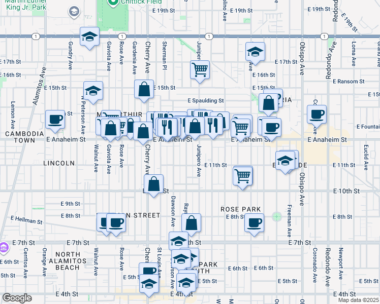 map of restaurants, bars, coffee shops, grocery stores, and more near 1130 Raymond Avenue in Long Beach