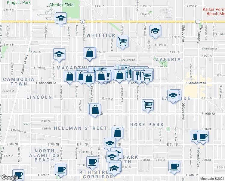 map of restaurants, bars, coffee shops, grocery stores, and more near 1130 Raymond Avenue in Long Beach
