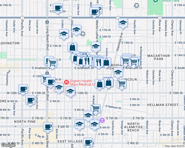 map of restaurants, bars, coffee shops, grocery stores, and more near 1145 Myrtle Avenue in Long Beach