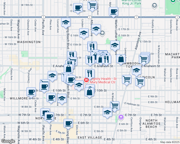 map of restaurants, bars, coffee shops, grocery stores, and more near 1100 Atlantic Avenue in Long Beach
