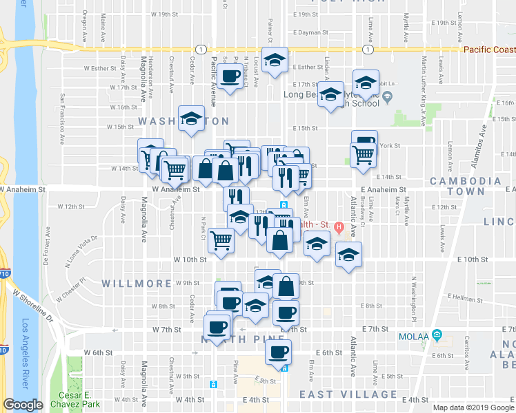 map of restaurants, bars, coffee shops, grocery stores, and more near 161 East 12th Street in Long Beach