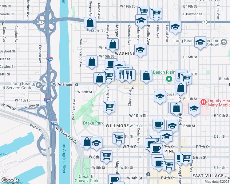 map of restaurants, bars, coffee shops, grocery stores, and more near 1163 Magnolia Avenue in Long Beach